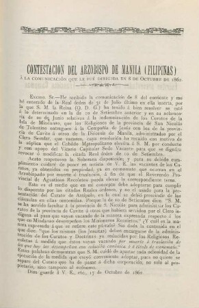 Contestacion del arzobispo de Manila (Filipinas)
