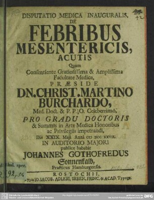 Disputatio Medica Inauguralis De Febribus Mesentericis, Acutis