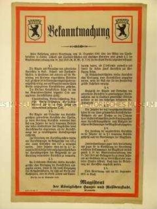 Maueranschlag mit der Bekanntmachung über die Abgabe von zubereiteten Kartoffeln in Gastwirtschaften o.ä.