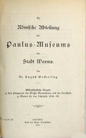 Die römische Abteilung des Paulus-Museums der Stadt Worms, [1]