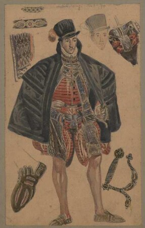 "Unbek. Prinz 1560-70" : Kolorierte Zeichnung eines Mannes in Wams, spanischer Kniehose, Capa und Toque; Detailzeichnungen der Accessoires