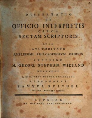 Dissertatio De officio interpretis circa sectam scriptoris