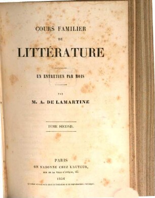 Cours familier de littérature : un entretien par mois, Tome second