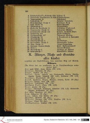 X. Münzen, Maße und Gewichte aller Länder verglichen mit Mark-Währung, dem metrischen Maß und Gewicht.