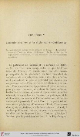 Chapitre V: L'administration et la diplomatie vénitiennes