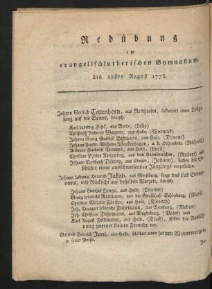 Redübung im evangelischlutherischen Gymnasium, den 28sten August 1776.