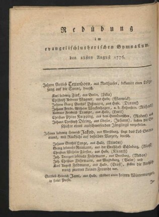 Redübung im evangelischlutherischen Gymnasium, den 28sten August 1776.