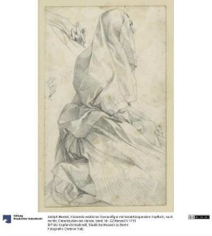 Knieende weibliche Gewandfigur mit herabhängendem Kopftuch, nach rechts; Detailstudien der Hände