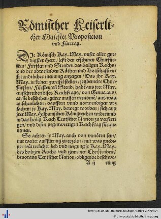 Römischer Kaiserlicher Majestät Proposition und Fürtrag.