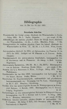 Bibliographie vom 16. Mai bis 15. Juli 1881.