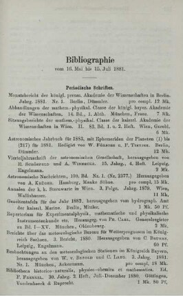 Bibliographie vom 16. Mai bis 15. Juli 1881.
