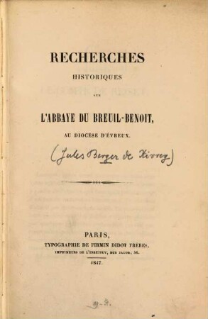 Recherches historiques sur l'abbaye du Breuil - Benoit au diocèse d'Évreux