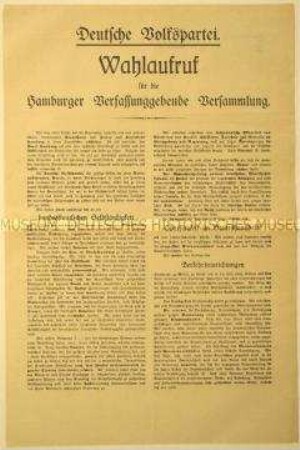 Großformatiges Flugblatt mit dem Wahlaufruf der Deutschen Volkspartei Hamburg für die Hamburger Verfassungsgebende Versammlung 1919