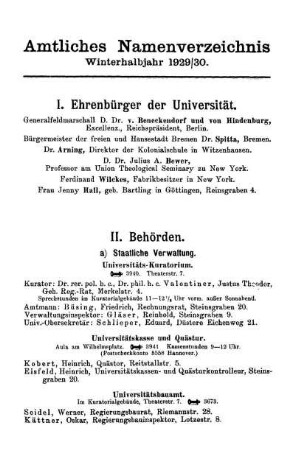 Amtliches Namenverzeichnis Winterhalbjahr 1929/30.