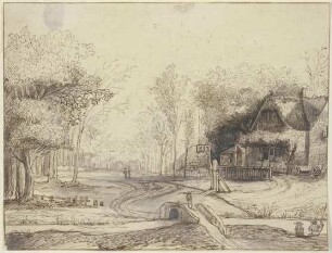 Dorfansicht, rechts ein Wirtshaus, vorne querüber ein Bach mit einer steinernen Brücke