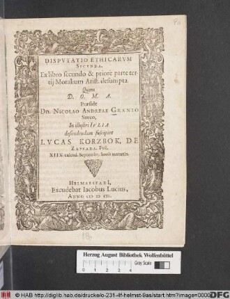 Disputatio Ethicarum Secunda : Ex libro secundo & priore parte tertii Moralium Arist. desumpta
