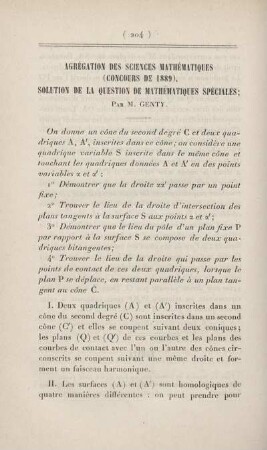 Agrégation des sciences mathématiques (concours de 1889). Solution de la question de mathématiques spéciales.