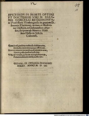 Epicedion In Morte Optimi Et Doctissimi Viri M. Ioannis Marcelli Regiomontani Professoris Vitaebergensis