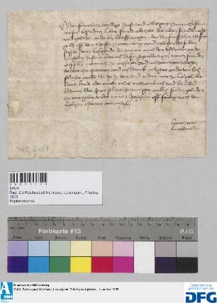Ritter Hans vom Hirczhorn schreibt an die Stadt Nürnberg in Sachen eines Schuldbriefes und etlicher Beibriefe über 15.000 fl. auf dem Stift zu Würzburg.