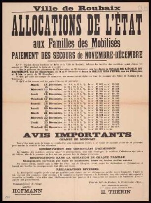 "Ville de Roubaix; Allocations de L'Etat aux Familles des Mobilisés. Paiement des Secours de Novembre-Décembre" (Ankündigung von Auszahlungen an Angehörige von Mobilisierten)