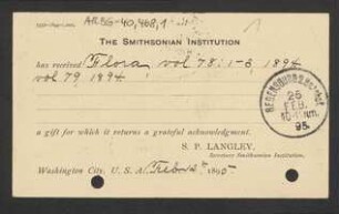 Brief von Samuel P. Langley von Smithsonian Institution (Washington) an Regensburgische Botanische Gesellschaft