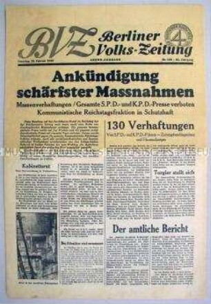 "Berliner Volks-Zeitung" zum Terror der Hitler-Regierung nach dem Reichstagsbrand
