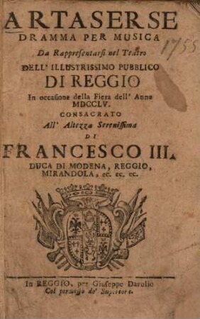 Artaserse : Dramma per musica