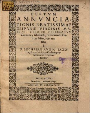Festvm Annvnciationis Beatissimae Deiparae Virginis Mariae, Heroico Celebratvm Carmine