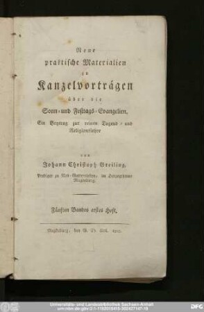 Fünfter Band: Neue praktische Materialien zu Kanzelvorträgen über die Sonn- und Festtags-Evangelien : Ein Beytrag zur reinen Tugend- und Religionslehre
