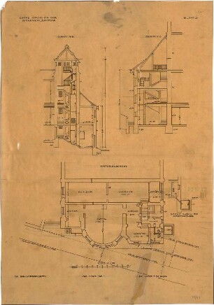 Fischer, Theodor; Stuttgart; Erlöserkirche - Grundriss UG, Schnitte