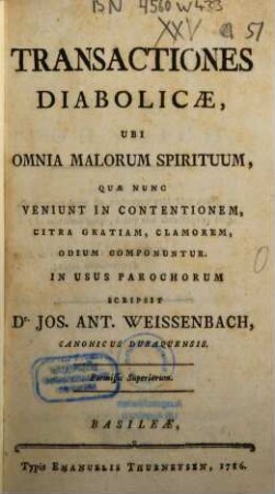 Transactiones Diabolicae : Ubi Omnia Malorum Spirituum, Quae Nunc Veniunt In Contentionem Citra Gratiam, Clamorem, Odium Componuntur