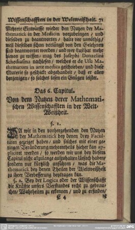 Das 6. Capitul. Von dem Nutzen derer Mathematischen Wissenschafften in der Welt- Weißheit