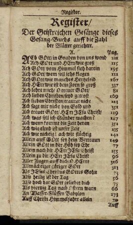 Register/ Der Geistreichen Gesänge dieses Gesang-Buchs auff die Zahl der Blätter gerichtet.