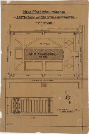 Voit, August von; München; Neue Pinakothek - Gartenzaun (Lageplan, Teilansicht)
