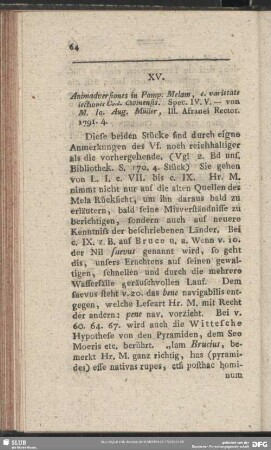 XV. Animadversiones in Pomp. Melam, c. varietate lectionis Cod. Cloinensis. Spaec. IV. V. - von M. Jo. Aug. Müller, Ill. Afranei Rector. 1791. 4.
