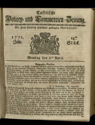 14tes Stueck, Montag den 8ten April 1771