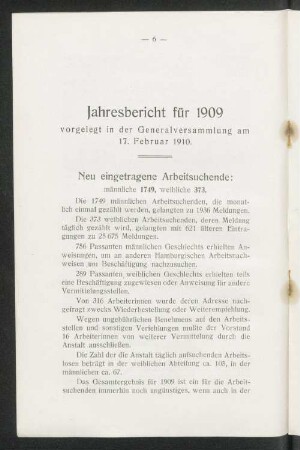 Jahresbericht für 1909 vorgelegt in der Generalversammlung am 17. Februar 1910.
