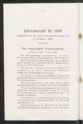 Jahresbericht für 1909 vorgelegt in der Generalversammlung am 17. Februar 1910.
