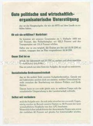Flugblatt des FDGB-Bezirksvorstands Gera mit Aufruf der Brigade Vetterlein in der MTS Brahmenau für Eintritt in die LPG