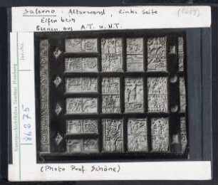 Salerno, Altarwand, linke Seite. Szenen aus dem Alten und Neuen Testament. Schöpfung, Arche Noah, Einzug in Jerusalem, Kreuzigung
