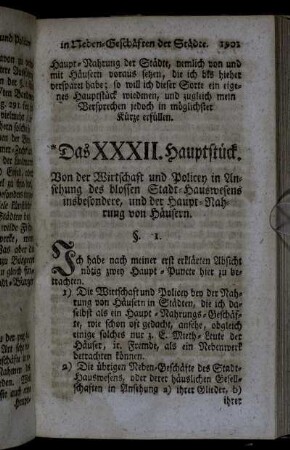 Das XXXII. Hauptstück. Von der Wirtschaft und Policey in Ansehung des blossen Stadt-Hauswesens insbesondere, [...].