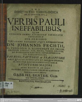 Disquisitio Theologica Ad II. Corinth. XII, 4 De Verbis Pauli Ineffabilibus