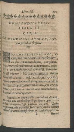 Cap. I. De Argumentatione, Eiusque partibus et speciebus.