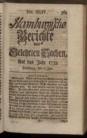 No. XLIV. Hamburg, den 2. Jun. 1733. - No. LII. Hamburg, den 30. Jun. 1733.
