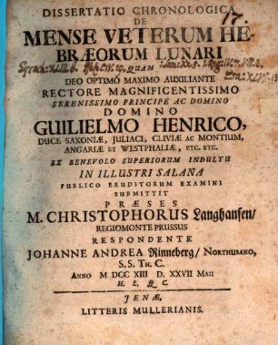 Diss. chronol. de mense veterum Hebraeorum lunari