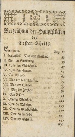 Verzeichniß der Hauptstücken des Ersten Theils.