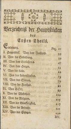 Verzeichniß der Hauptstücken des Ersten Theils.