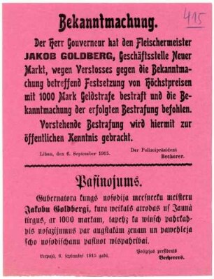 "Bekanntmachung" der Verurteilung eines Einheimischen wegen Verstoßes gegen die Bekanntmachung betreffend die Höchstpreise für Lebensmittel