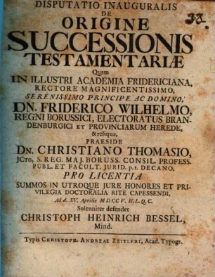 Disputatio Inauguralis De Origine Successionis Testamentariae