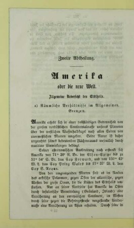 Zweite Abtheilung. Amerika oder die neue Welt